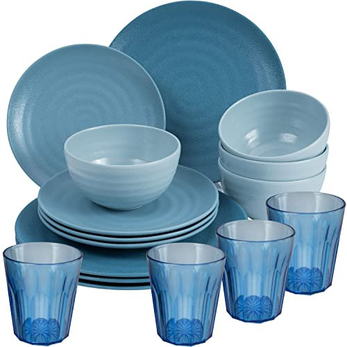 Vaisselle de camping en mélamine pour 4 personnes - 16 pièces - Avec verres - Vaisselle de camping bleue