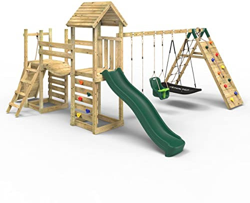 Rebo® Double Tower Climbing Frame with Flexible Bridge, Swing and Slide - Sanford | OutdoorToys | Kids' Outdoor Wooden Garden Play Equipment, Children's Jungle Gym