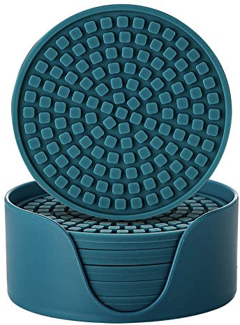 Colinda Silicone Drink Coasters with Holder, Set of 6, Outdoor Cup Mat for Hot or Cold Drinks, Thickened, Non-Slip,Non-Stick, Teal