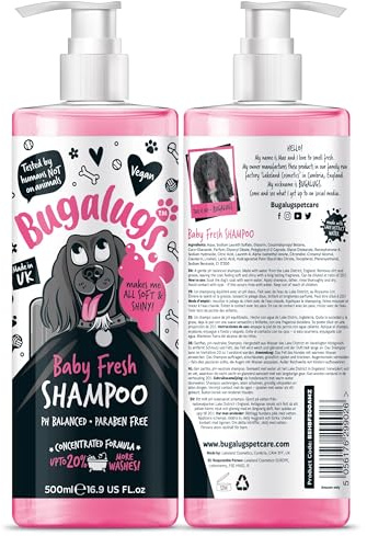 BUGALUGS Baby Fresh Dog Shampoo 16.85 FL Oz - Grooming Product for Smelly Dogs with Baby Powder Scent - Best Puppy Shampoo, Conditioner, Vegan and Professional Pet Shampoo
