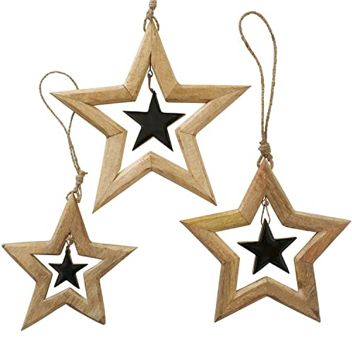 BOLTZE 3tlg Set Deko-Anhänger Nurto aus Holz I Stern-Form I Ø 16cm, 21cm & 29cm I Weihnachts-Schmuck, Advents-Deko hängend, Christbaum, Fenster-Accessoire I X-Mas