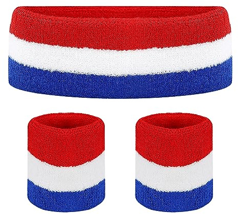 HXMJIED Ensemble de bandeaux de sport (1 bandeau + 2 bracelets) en coton à rayures rouges blanches bleues élastiques pour exercices de basket-ball tennis