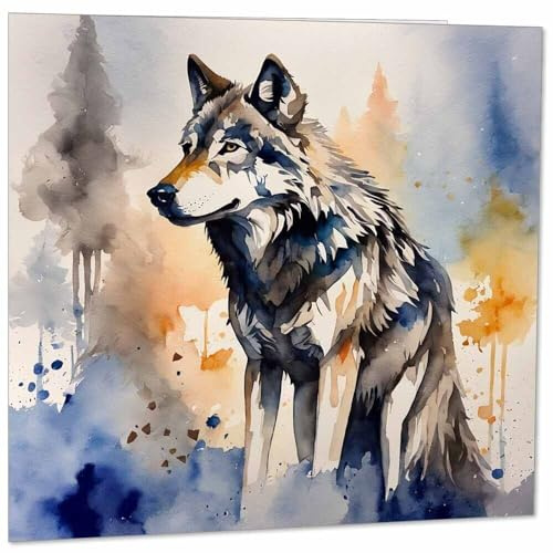 Purple Fox Wolf-Grußkarte – Schöne Aquarell-Wolf-Karte 145 mm x 145 mm weiß - Geburtstagskarte