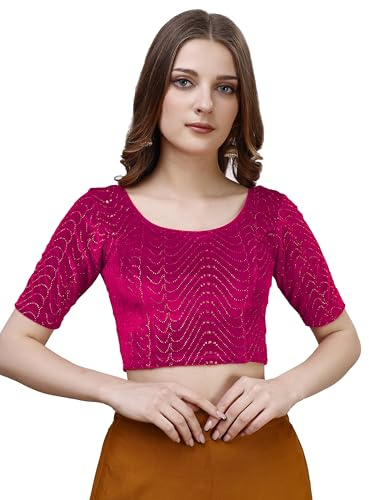 Vihu Mode dam färdig sammet lycra töjbar rund hals halvärm blus med jari arbete fin lycra töjbar blus för kvinnor färdig sari blus, Rosa, 42
