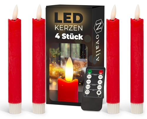 Stabkerzen LED mit Timer ROT 4 Stück ROT indoor - 6 Stunden - ECHTWACHS 18cm Höhe für Kerzen 2,2cm Durchmesser 2 AAA Batterien notwendig LED Stabkerzen flackernde Flamme bewegliche Flamme Licht