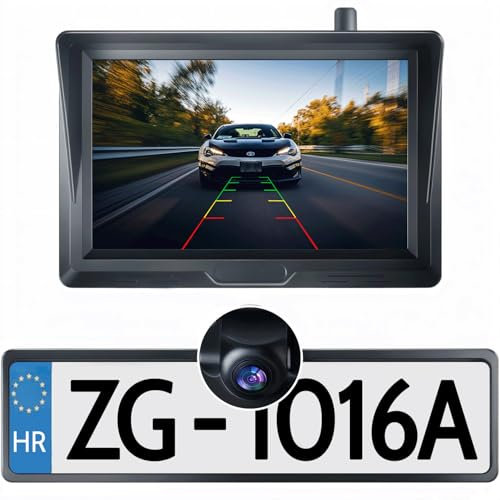 Rückfahrkamera-Kennzeichenhalter mit 5-Zoll-Monitor, Kennzeichenrahmen, kabellose Rückfahrkamera mit 5-Zoll-IPS-HD-Display, Plug-and-Play, IP69, wasserdicht, Nachtsicht