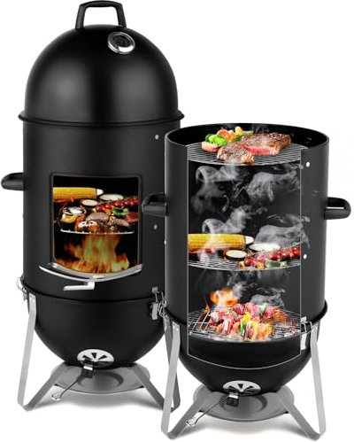 Fumoir à Charbon Vertical 3 en 1 en Acier, Barbecue Rond Robuste à 3 Couches, cuisinière Smokey Mountain pour la Cuisine en extérieur, Noir