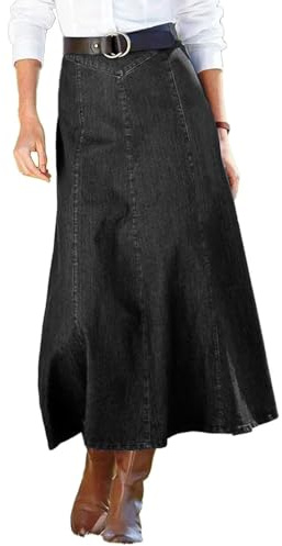 Flamingals Long Denim Skirt for Women High Waisted Vintage Pleated Flowy Swing A-line Maxi Jean Skirts Without Belt Black L