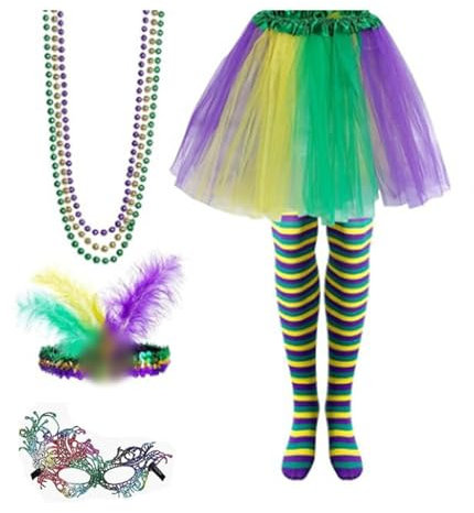 Generisch Mardi Gras Kostüm Zubehör Set Tutu Rock Kunstfeder Stirnband Maske Karneval Kostüm Karnevalskostüm Perlen Federboa für Frauen und Mädchen