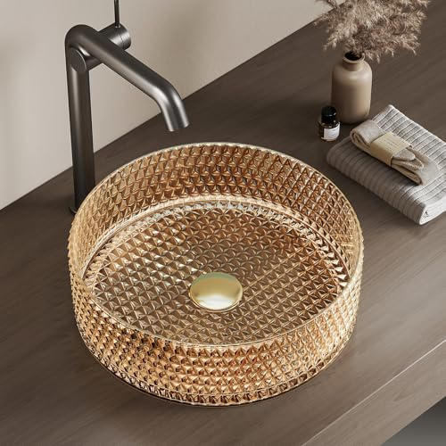 EMKE Lavabo da Appoggio in Vetro Cristallo,36 x 36 cm,Rosa Dorato | Lavabo per Bagno e WC Ospiti, Senza Foro per Rubinetto
