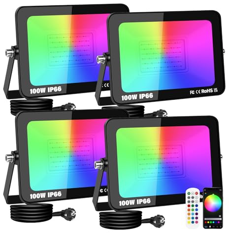 RIGIDON 4x 100W Faretto Led RGB Smart, 10000LM Faretti Led Colori con Spina | Proiettore Faro RGBW con APP telecomando, Dimmerabile, Musicale e Timer, Strobo, IP66 Impermeabile per Giardino Palco Partito
