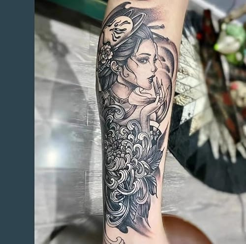 2Pcs Herbal Temporary Tattoos Stickers Fake Tattoos Geisha Chrysanthemum Juice Female Male Semi-Permanent Non-Reflective Waterproof Lasting 2 Weeks