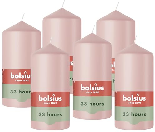 Bolsius - Essentials - Bougie Pilier - Pastel Rose- 12cm - 6 Pièces - Bougie Décorative - Contient Cire Végétale Naturelle - sans Huile de Palme