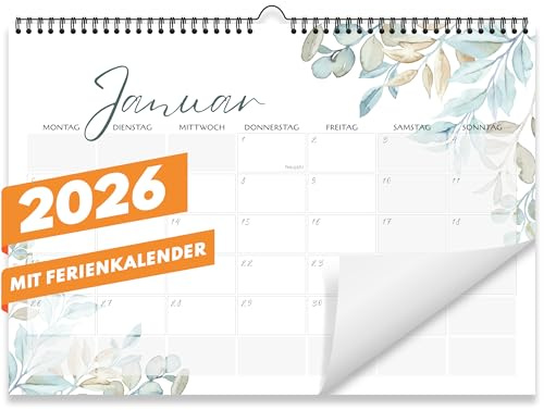 Kalender 2026 Wandkalender (Monatskalender im A4 Querformat) - Monatskalender 2026 für das ganze Jahr von Januar bis Dezember mit Ferienübersicht - Ideal als Paarkalender oder Familienplaner