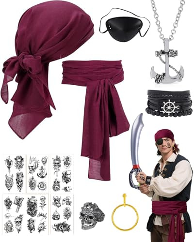 OCHILIMA Lot de 14 accessoires de costume de pirate médiéval pour homme et femme - Accessoires de costume de pirate, foulard, cache-œil, boucles d'oreilles, collier, bracelet, foulard pour Halloween