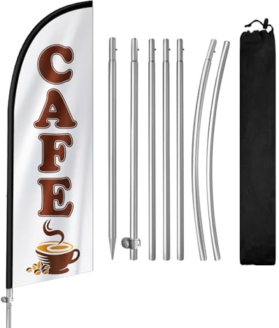 QSUM Cafe Feather Flag with Stainless Steel Flagpole,Ground Spike Advertising Flag,Suitable for Businesses and Storefronts Signs,8FT,1 Set