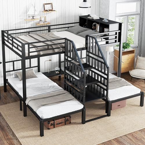 YESGIGA Eisenbett, Etagenbett, Mit DREI Schlafplätzen, Bequeme Treppe mit Handläufen, Stabile Bettgestellstruktur, Oberes Bett mit Stauraum, 90x200cm&140x200cm