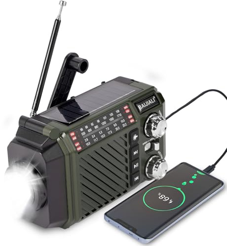 Wind Up Emergency Radio with 2600mAh Power Bank - Solar, Hand Crank & USB-C Charging, FM/AM/Shortwave, Torch & SOS for Survival Kits (Green)
