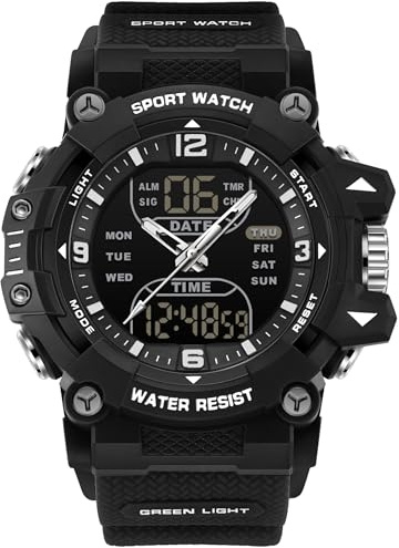 findtime Analoge Digitale Herrenuhr Sportuhr Outdoor Groß Zifferblatt Uhren 5ATM Wasserdicht LED Beleuchtung Militär Uhren für Männer mit Wecker Datum 12/24h Timer Chronograph Männlich Schwarz