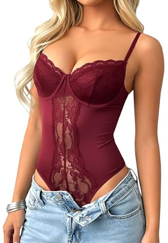 TZLDN Body da donna in pizzo, corsetto in rete, elegante per feste, club, going out techno, Colore: rosso, L