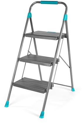 Beldray Easy-Fold 3 Step Ladder – Sturdy Folding Step Ladder with Wide Non-Slip Steps, Anti-Slip Plastic Feet, Cushioned Foam Handle, Push-to-Fold Locking System & Strong Steel Frame for Home Safety