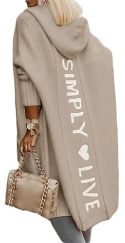 Edelaura Cardigan in Maglia da Donna con Cappuccio Monocolore Stampato Fronte Aperto Lungo e Spesso con Tasche Autunno Inverno Giacca Lunga a Maniche per Stagione di Transizione Casual Streetwear