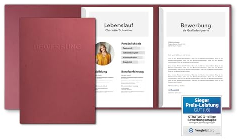 15 Stück 3-teilige Bewerbungsmappen Bordeaux mit 2 Klemmschienen in feinster Lederstruktur - hochwertige Prägung ''BEWERBUNG'' - direkt vom Hersteller STRATAG
