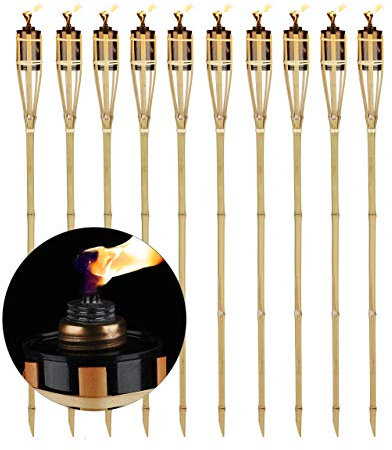 Relaxdays Set da 10 Candele per Giardino, Fiaccola ad Olio in Bambù, con Stoppino, suggestive per Esterni,H: 90 cm,legno