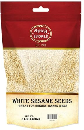 Spicy World White Sesame Seeds 3 LB Bag - Natural, Raw, Hulled, Non-GMO, Bulk Resealable Bag