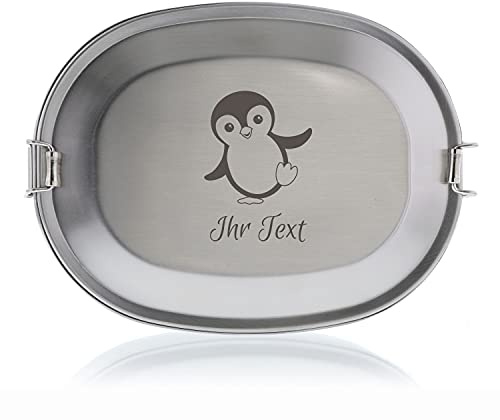 Brotdose Pinguin personalisiert mit Namen, Edelstahl graviert, Kindergarten | Gravierte Lunchbox mit Tiermotiv für Kita und Schule – spülmaschinenfest, lebensmittelecht, mit Wunschname