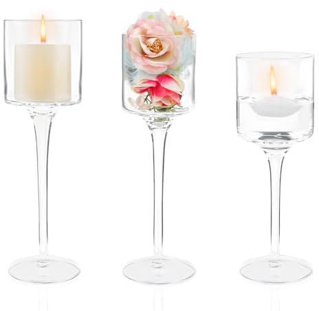 Weinsamkeit Portavelas de Cristal para Velas, 3 Piezas Portavelas de Columna Elegante Candelabros Transparente, Velas para Candelabros Centro de Mesa para Boda y Decoración Navideña, 20/23/26cm