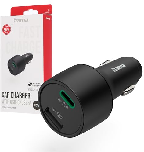 Hama, Laddare för bil (laddare för tändaruttag, 1 USB C-kontakt och 1 USB-kontakt, Snabbladdning, Bil tändare laddare) Svart
