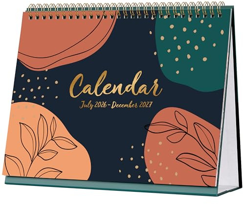 Calendrier de bureau 2026-2027 - Calendrier de bureau 2026-2027 de juillet 2026 à décembre 2027 - Page mémo hebdomadaire - 25,3 x 20,5 x 7,8 cm - Tricolore
