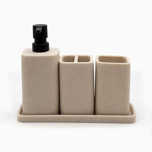 ZCCZ Badezimmer Set 4 Teile – Badezimmer Organizer mit Zahnbürstenhalter, Zahnputzbecher, Seifenspender, Seifenschale, für Kosmetik und Wattestäbchen – Edle Badezimmer Deko, beige