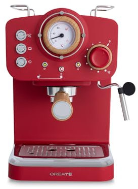 CREATE / THERA RETRO/Cafetera Express Semiautomática Rojo Mate y Madera / 20 bares, brazo doble salida, depósito 1,25L, café molido y monodosis ESE 55mm, con vaporizador, 1100W