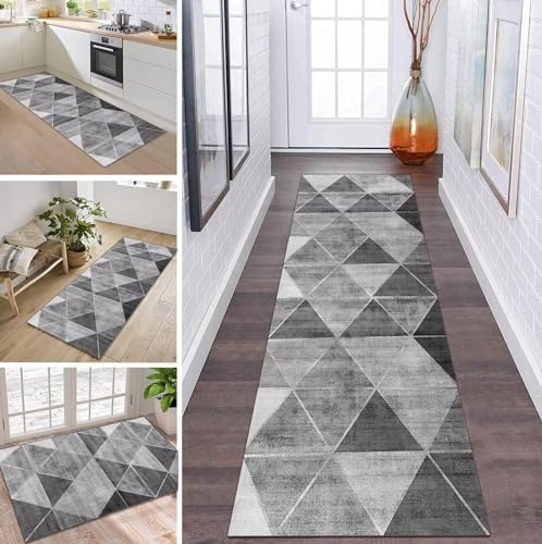 Teppich Läufer Flur Küche rutschfest waschbar Teppichläufer Lang Grau Schwarz 60X270CM Modern Design Meterware Korridor Tepiche Esszimmer Schlafzimmer Wohnzimmer Schmutzfangmatte Küchenteppich