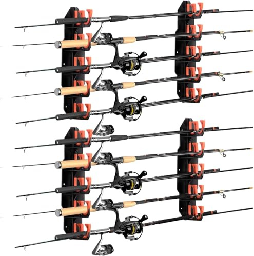 BOOSTEADY 2 Packs Fishing Rod Holders Holds Up to 20 Rods,Fishing Rod Rack for Garage,Fishing Pole Holders, Wall or Ceiling Mounted Fishing Rod Rack,Fishing Gear Gifts for Men-Orange