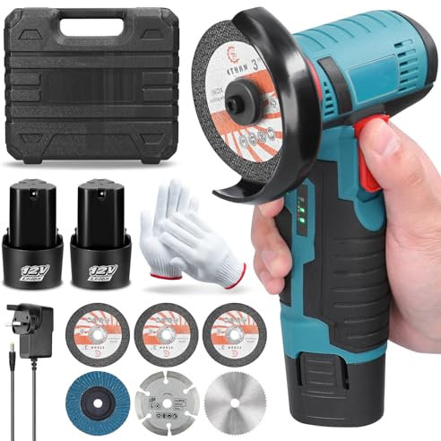 panthem Mini Winkelschleifer mit 2 x 2Ah Batterien, 6 Trennscheibe und 1 Schleifscheibe, Ø 76 mm, 19500U/min, 12V Akku Winkelschleifer Klein zum Schneiden, Polieren, Schleifen und Entrosten