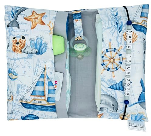 Große Windeltasche XXL mit Name personalisiert Wickeltasche - maritim Boot Korallen Wal Delfin Schiff - für Jungen und Mädchen - weiß hellgrau blau