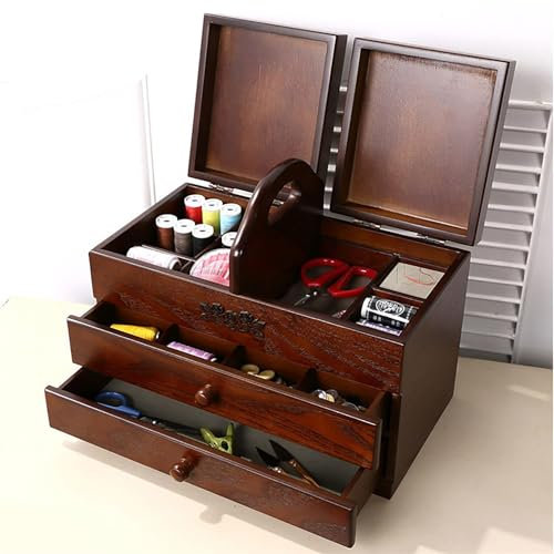Große Nähkörbe, Holz-Nähkasten, Mit 2 Schubladen, Das Griffdesign Kann Geöffnet Und Frei Nach Links Und Rechts Bewegt Werden, Für Zuhause Und Stickerei
