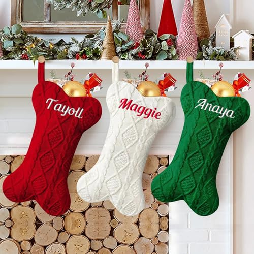 NIBESSER Weihnachtsstrumpf Hunde mit Namen Weihnachtsdeko Christmas Stockings Groß Gestrickt Nikolausstrumpf Geschenktasche für Haustier Personalisierte Xmas Socken Hundeknochen