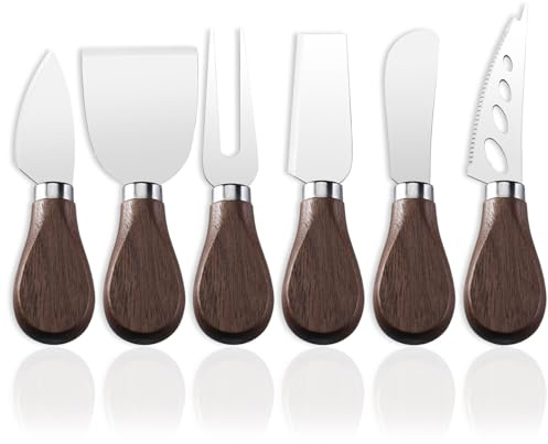 Guojanfon 6 Piece Cheese Knives Set with Wooden Handle, Mini Steel Stainless Cheese knife set for Charcuterie and Cheese spread, Perfect for Cheese Slicer and Butter Cutter (Walnut wood, S)