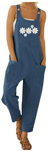 Salopette da Donna Tall, Tuta Jumpsuit Donna Estiva Senza Maniche Vintage Tute in Lino Gamba Larga Estate Pagliaccetti Elegante Casual Pantaloni Larghi con Tasche per Spiaggia Vacanza