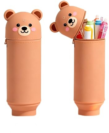 EZOULUOBA 2-in-1 Schulmäppchen aus weichem Silikon, Kawaii Federmäppchen, Cartoon Federmäppchen, Tischstifthalter, Stand Up Federmäppchen, Stifte Mäppchen (Brown Bear)