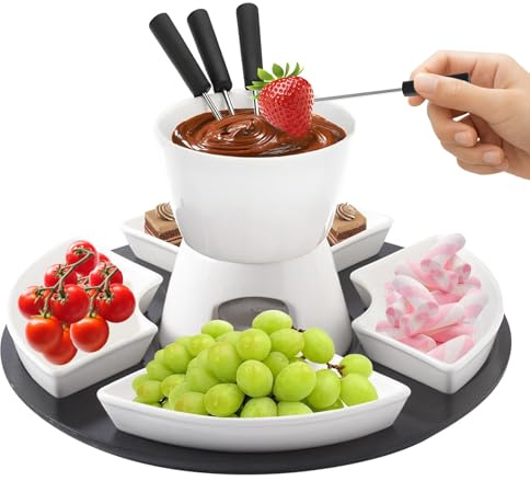 Keramik Schokofondue-Topf-Set mit 1 Teelicht, 1 Tasse und 4 Tellern Schoko Fondueset Käsefondue für Schokolade Käse Fondue Familienessen Nachtisch Picknicks Geburtstagsfeiern Urlaubsfeiern