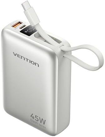 VENTION Mini Power Bank 45 W 20000 mAh con Cable USB-C Integrado, Cargador rápido PD/PPS, baterías externas para teléfono móvil con Pantalla LED para iPhone 16/15/14, Galaxy S25/S24, iPad, Ordenador