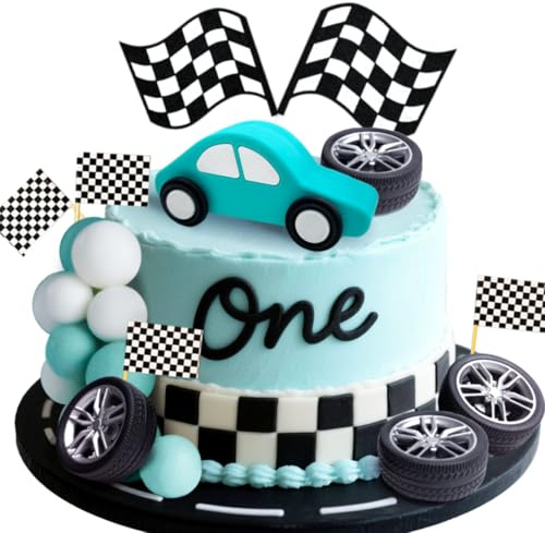 JeVenis Rennwagen Kuchendekorationen Auto Kuchendekoration Karierte Flagge Kuchendekoration Growing Up Two Fast Geburtstagsdekoration Fast One Fast Three Need Four Speed Geburtstagsdekorationen