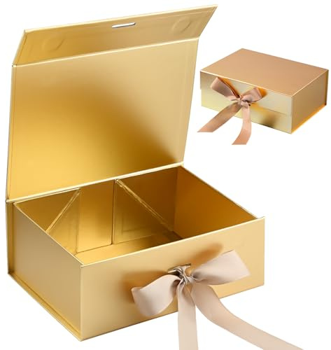 Luxury Magnetic Gift Box with Raffia& Card, Foldable Gift Box with Ribbon, Gift Packaging Box, Presentation Box Gift (22 * 16.5 * 8.8 cm), Unique Foldable Box with Magnetic Closure for Gifts(Gold)