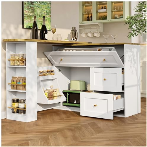 Wyibwy Muebles de cocina, mesa de bar extensible con espacio de almacenamiento, aparador con estante para aperitivos, isla de cocina, color blanco