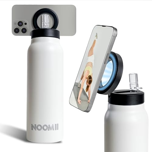NooMii Edelstahl Flasche – 800ml Trinkflasche, Wasserflasche – Doppelwändige Trinkflasche-Edelstahl mit magnetischem Deckel und Strohhalm – Ideal für Büro & Sport mit Handyhalterung (Weiß)